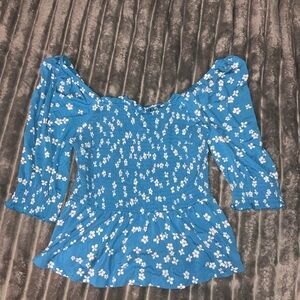 Draper James Blue Puff Sleeve Peplum Blouse